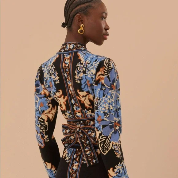 Blue Floral Wrap-Style Women's Sweater - Picture 2 of 5